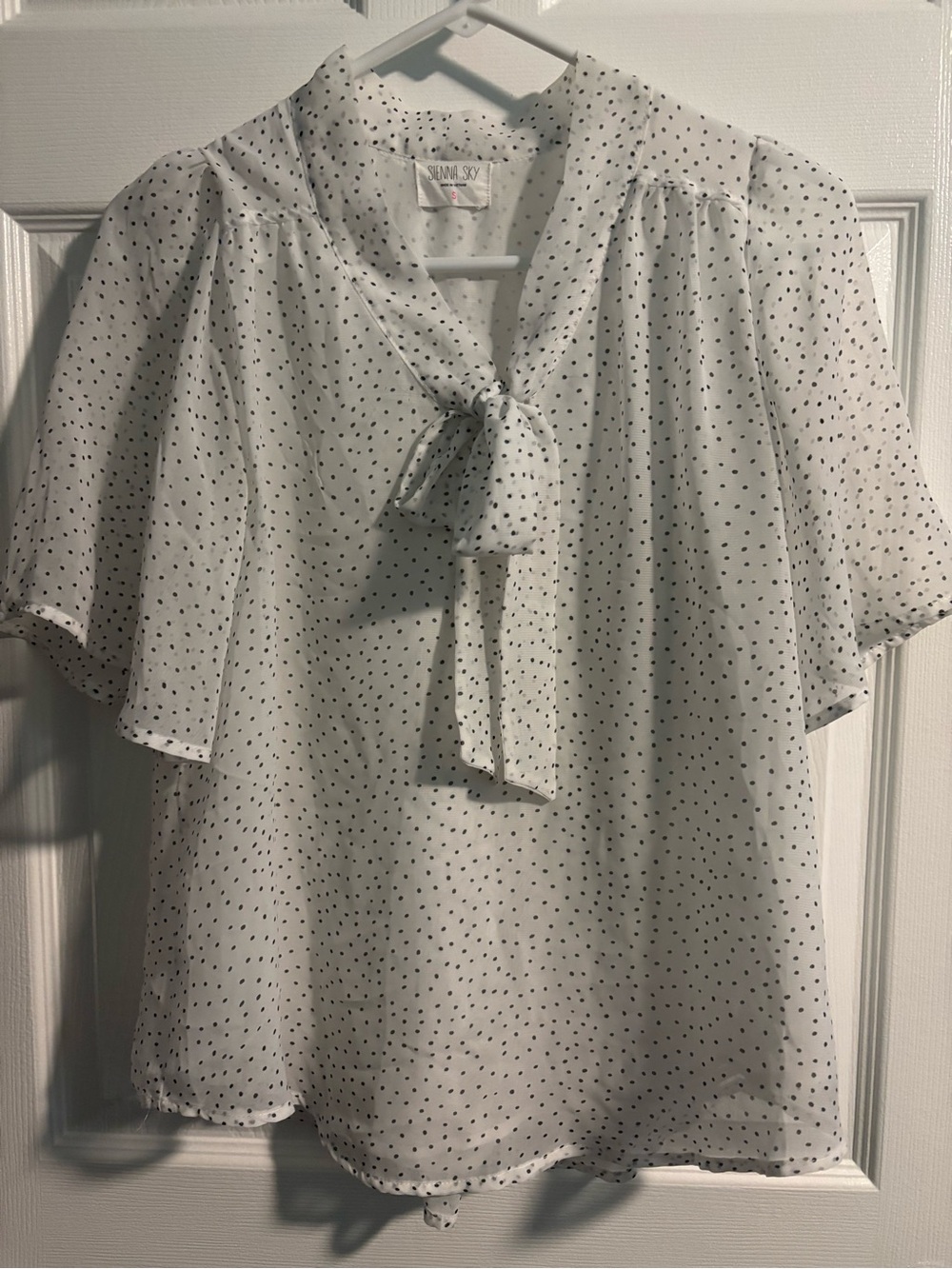 Sienna Sky White Blouse with Black Polka Dots and Tie Neck